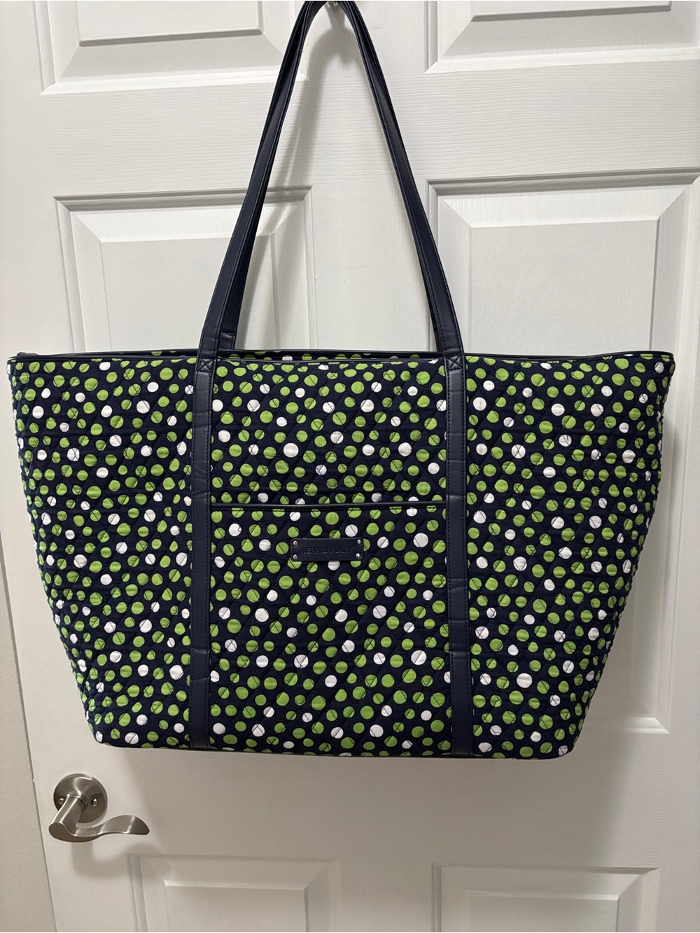 Vera Bradley Quilted Navy Tote with Lime and White Dot Print